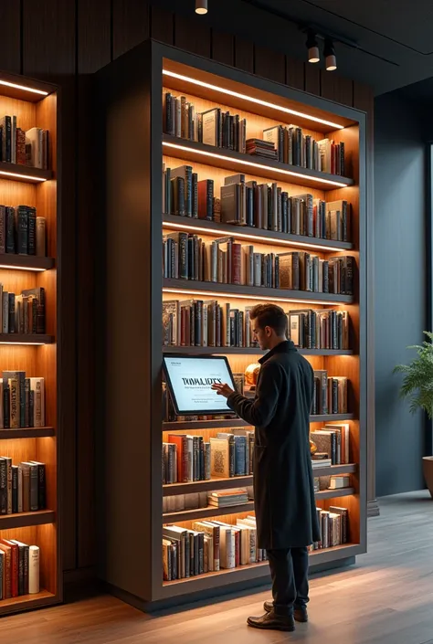 Book dispenser, a large bookshelf, striking, dynamic and intelligent full of books with a tablet included to search and choose the book and with a hook it gives me the chosen book 