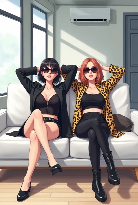 Anime style girl Two confident women sit side by side on a white couch in a modern living room with large windows and an air conditioner unit above them. Both wear stylish sunglasses; one is dressed in a leopard print outfit, while the other sports a sleek...