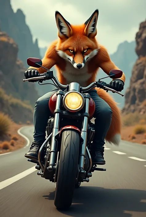 Angry fox riding motorcycle