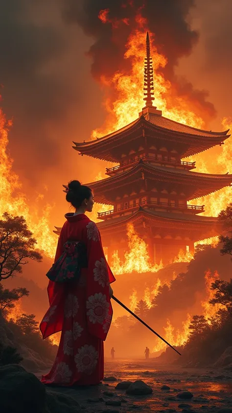 Hermosa mujer japonesa con kimono rojo, Exquisitely intense, highly dynamic, historical Japanese scene from the era of Oda Nobunaga, depicting the burning of a sacred temple. The landscape includes towering flames consuming the wooden structures of the tem...