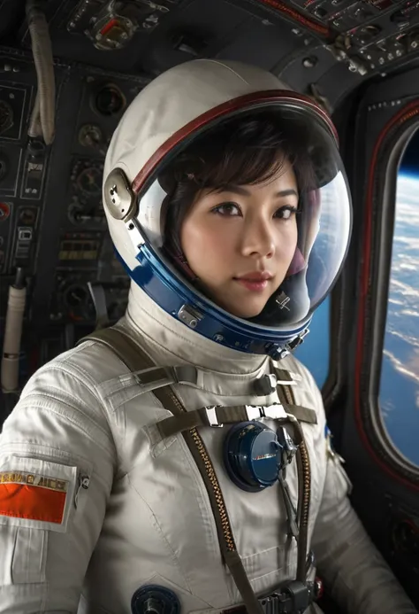 ((female pilot in the cockpit of a reconnaissance plane), (airplane cockpit), (in flight), (10000 feet altitude)、(sky view):1.7)...