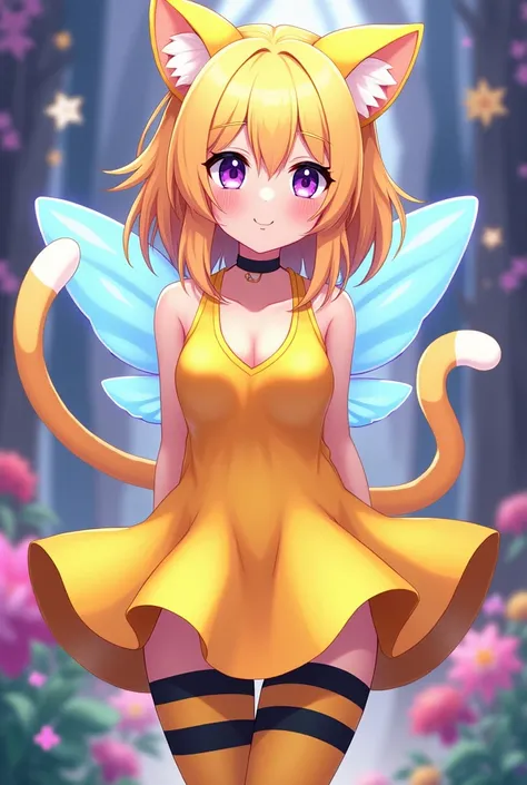 Create a gorgeous blonde anime girl with dark violet eyes, Yellow tights with black stripes and yellow kitty ears and small light blue wings, yy Kawaii and sexy yellow dress,Catbee Anime Poppy playtime 