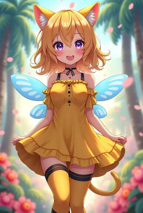 Create a gorgeous blonde anime girl with dark violet eyes, Yellow tights with black stripes and yellow kitty ears and small light blue wings, yy Kawaii and sexy yellow dress,Catbee Anime Poppy playtime 