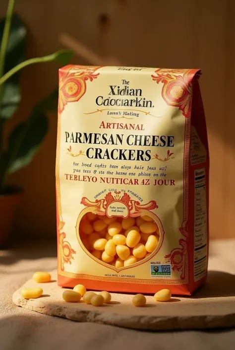 Make a packaging that shows some parmesan cheese flavored crackers. The packaging reflects that it is made in Italy and highlights the nutritional and environmental properties taking into account that this protein bar is based on cricket insect flour which...