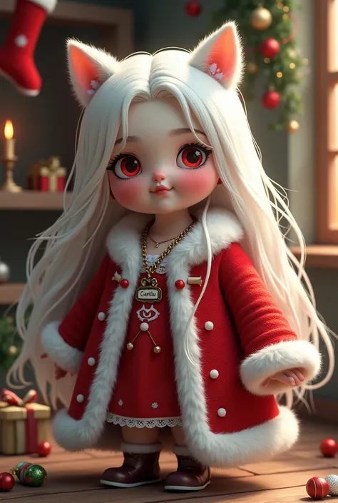 Vampire young girl medyo chubby na may mahabang buhok at kulay puti , naka suot ng Santa Claus cloths na may suot na necklace at nakasulat ang pangalan nyang "CARMILA " at may background na Christmas theme 