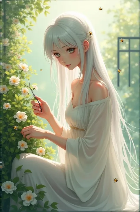 A sweet girl, bee, Bullish, long  white hair, grey eyes, thin wearing white robes a little transparent, in a calm place, pruning a bush with scissors