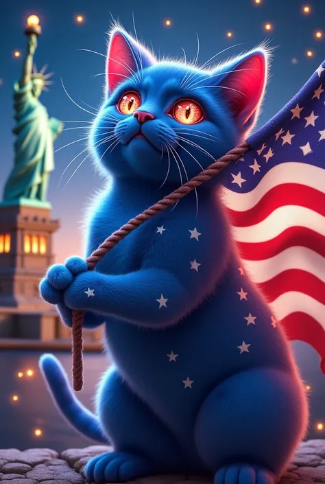 USA: A bold, starry blue cat with stripes of red and white running through its fur. The cat’s eyes sparkle like fireworks, and it holds the American flag in its paw. The background features a glowing Statue of Liberty and a night sky filled with stars.