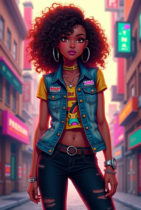 Creates one with curly hair wears black jeans and a band outfit and wears a denim vest with the art style of the game Friday night funkin