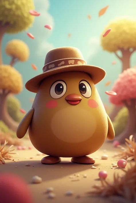 One for, from the video game Pou (It is brown and has no limbs.) with hat 