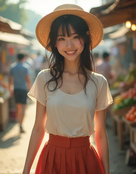 photo, live action, Soft morning light illuminates a bustling market scene, revealing the Japanese 17teen schoolgirl with her enormous G-cup boobs, barely contained in a fitted short-sleeved blouse, spilling out from her chest. A straw hat rests atop her s...