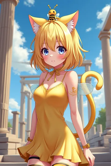 Create a gorgeous blonde anime girl with dark violet eyes, Yellow tights with black stripes and yellow kitty ears and small light blue wings, yy Kawaii and sexy yellow dress,Catbee Anime Poppy playtime, Athens with a bee on her head,Yellow Kitten Tail with...