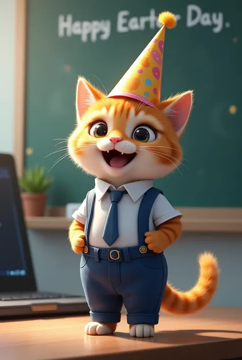 A little 4 cat in head birthday cap celebration 
Stand up and warring school uniform bule pant white shirt and tie 
In background typing happy teachers day 