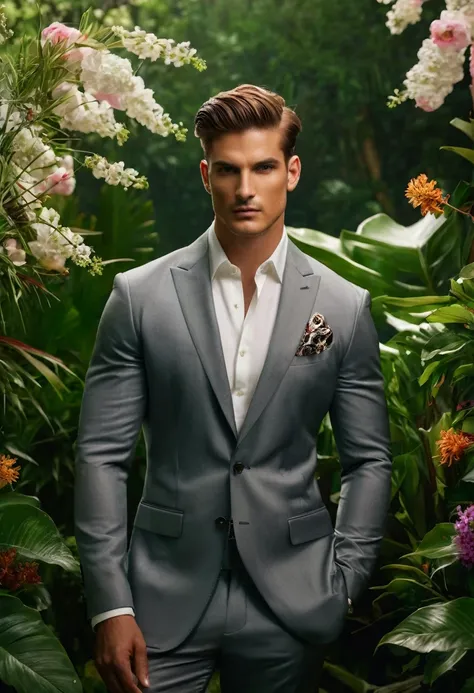 (photorealistic:1.4, 8k, dslr, nikon d850, RAW, masterpiece:1.2, best quality) a photorealistic image featuring a handsome male model embodying the luxurious and earthy qualities of Taurus. Set against a backdrop of lush greenery and blooming flowers, the ...