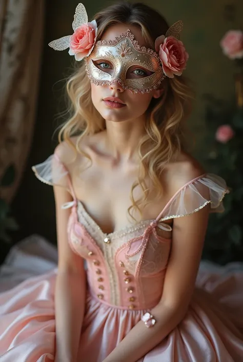 A picture of a Woman in a masquerade party. Make it like a photograp studio.
 Wide Shot. Not too revealing. not too difficult to put together 

Mask:
Description: A delicate mask adorned with flowers and butterflies, made from lightweight materials. The ma...