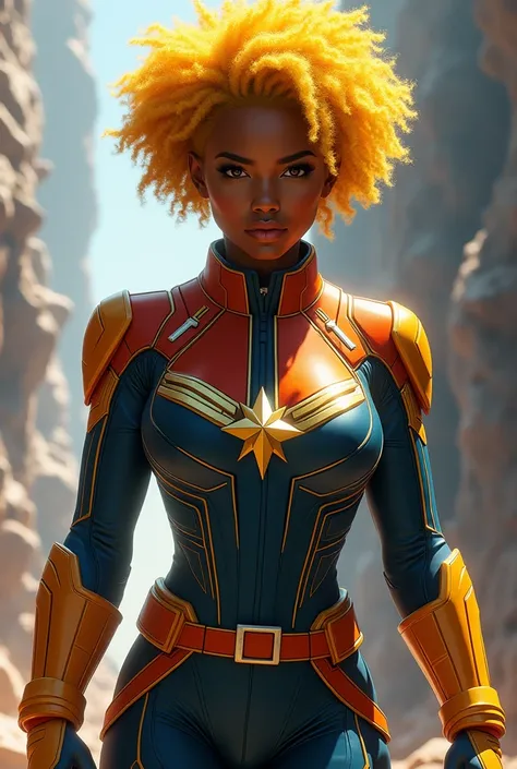 A realistic depiction of an advanced battle suit-wearing white female captain marvel, dark-skinned female,  dark skin girl,  african hair  yellow,  digital art, trending on artstation, perfect eye,  full body,  captain  marvel, native girl, 