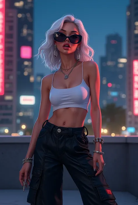 realistic latina image kylie full body style, medium white hair, earrings, decorated nails, black cargo pants , crop top blanco , dark black glasses, domed lip, tongue out, on the roof of a building at night