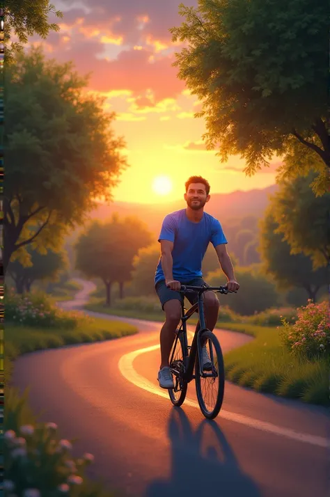 a man riding a bike wearing blue shirt on a village road , trees are on both side  with a beautiful sunset , like a  nice evening ride. 