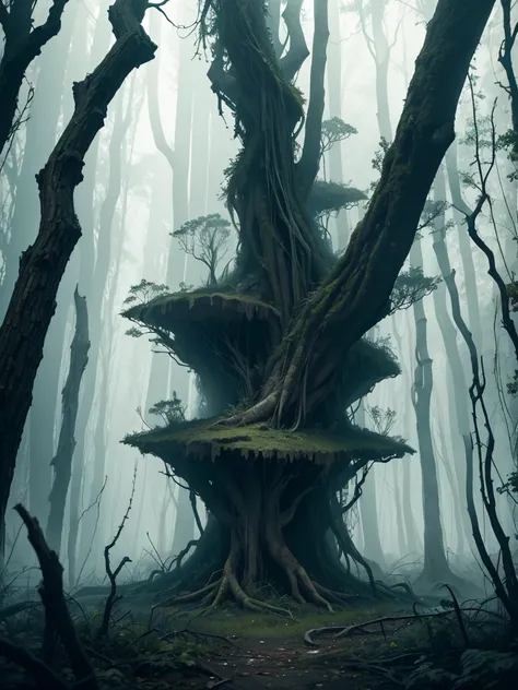 Design a 2.5D dark and eerie post-apocalyptic forest background in the foreground layer, featuring twisted trees with gnarly branches, overgrown vines, and decaying vegetation. The colors should be muted and cold, using deep greens, dark browns, and subtle...