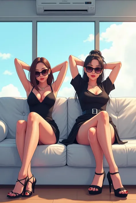 Anime style girl Two confident women sit side by side on a white couch in a modern living room with large windows and an air conditioner unit above them. Both wear stylish sunglasses; one is dressed in a black short dress while the other sports a sleek bla...