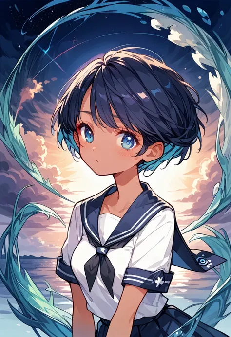 {{kofune mio}}, {summertime render}, shining sky  blue eyes, black short hair, Calm expression,A faint blush, medium breasts, dark skin, dark-skinned female, white serafuku, short sleeves, black neckerchief, white sailor collar black pleated skirt,1girl, s...