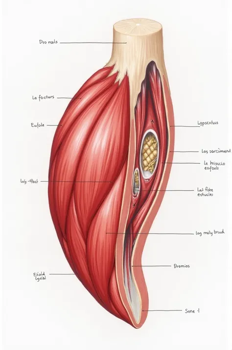 Design a detailed diagram depicting the structure of meat at a microscopic level., including the different types of tissues and their organization.
A visual scheme that includes:

The organization of muscle tissue (drawing of muscle fiber and sarcomere, po...