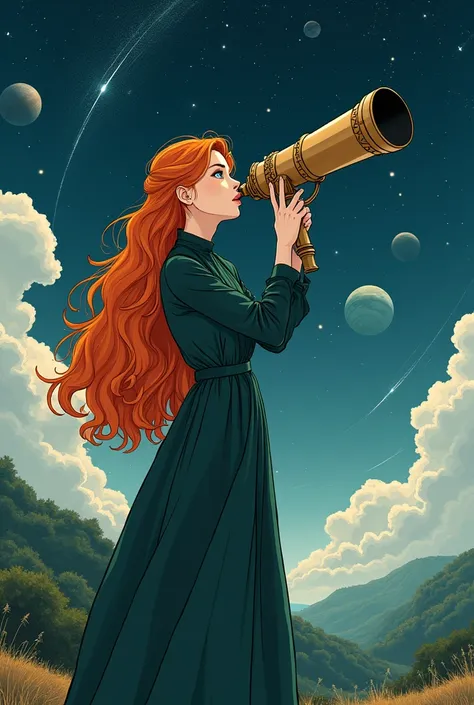 high quality, (masterpiece), super detailed, (novel illustration:1.2), (korean webtoon style:1.2), (thick line), (High resolution:1.2),Long hair、less exposed、long hair、bride、 dramatic light, 1 girl, 30 generations、, looking at space through long Telescope,...