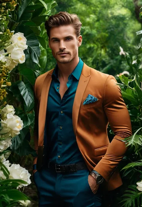 (photorealistic:1.4, 8k, dslr, nikon d850, RAW, masterpiece:1.2, best quality) a photorealistic image featuring a handsome male model embodying the luxurious and earthy qualities of Taurus. Set against a backdrop of lush greenery and blooming flowers, the ...