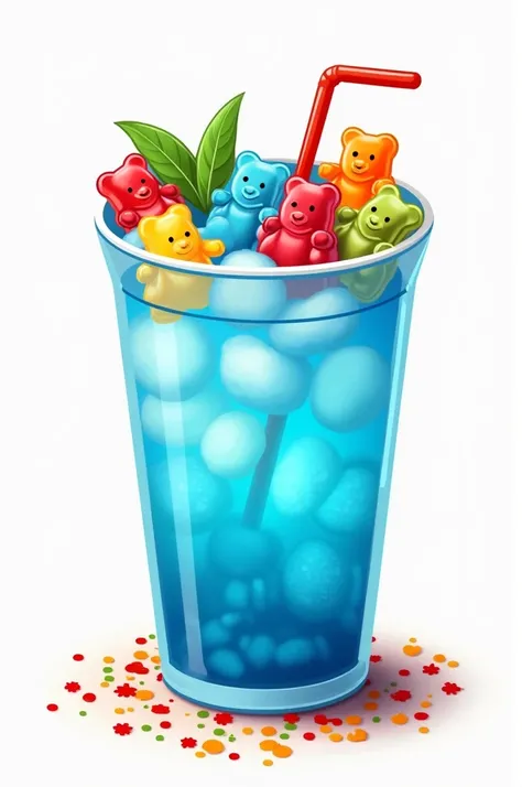 Generate a logo of a blue mojito with gummy bears and Tajín on the edges of the plastic cup 