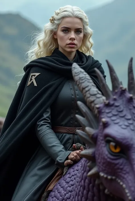 A Targaryen woman with her curly platinum hair in a battle against her rival kin, the greens. Wearing a battle outfit with a black cape with the Targaryen symbol, with a close-up capturing the harmonious beauty riding her fierce purple dragon.