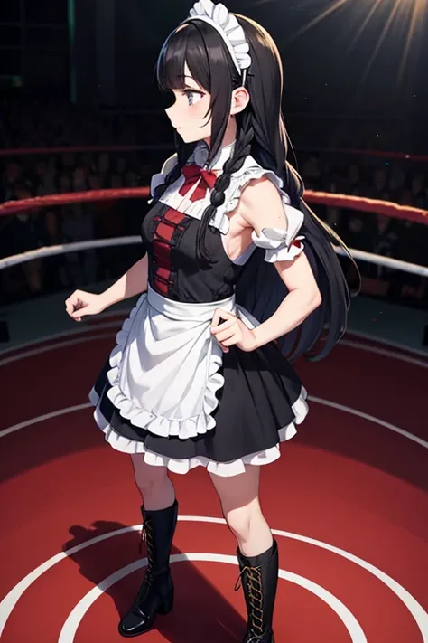 Anime Art、Full body portrait、Professional wrestling ring、A female fighter around 20 years old, about 170cm tall, wearing a black maid uniform with frills, fighting while standing.、Hair is braided semi-long、Black Hair、almondeyes、Dark Eyes、Rin々A funny expres...