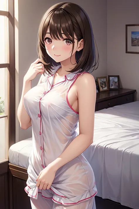 Nene Kasaki々、Shiny brown hair, short hair, (Beautiful brown eyes、Sparkling eyes, fine grain)、smile、Very fine eye、Highly detailed face, Highly detailed eyes,Cowboy Shot、



1 female,  Large Breasts, Perfect body, White satin pajamas with love pattern showin...