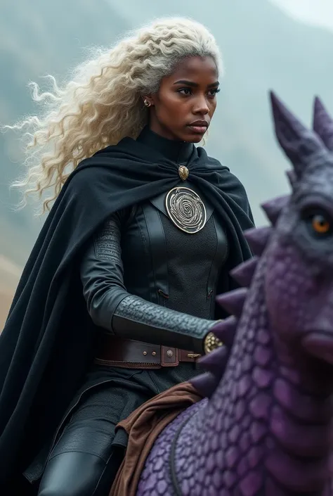 A black-skinned Targaryen woman with her curly platinum hair in a battle against her rival kin, the greens. Wearing a battle outfit with a black cape with the Targaryen symbol, with a close-up capturing the harmonious beauty riding her fierce purple dragon...