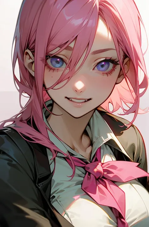 Cool women、sexy、Center of chest、Reze from Chainsaw Man、beauty、Yandere、、Face close-up、((School Girl)).Pink Hair、(Laugh gently)..((Eye color is pink)).