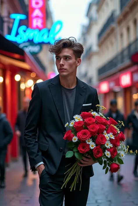 A modern young man walking through the streets of Paris, with a floral arrangement of red roses and white daisies, there is a sign "ISMAEL&#39; blue and pink neon letters. 