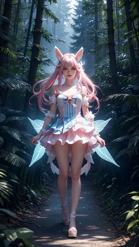 A pretty sylveon human hybrid, white pink and blue stripes, pokemon, sylveon human hybrid, full body shot, wide shot, in the forest, highly detailed, hyperrealistic, 8k, photorealistic, cinematic lighting, volumetric lighting, vibrant colors, fantasy, magi...