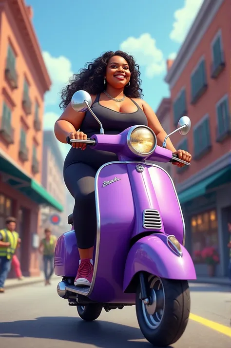 Fat girl with full covered top and pant driving a scooty purple colour, the post oofice symbol is pasted