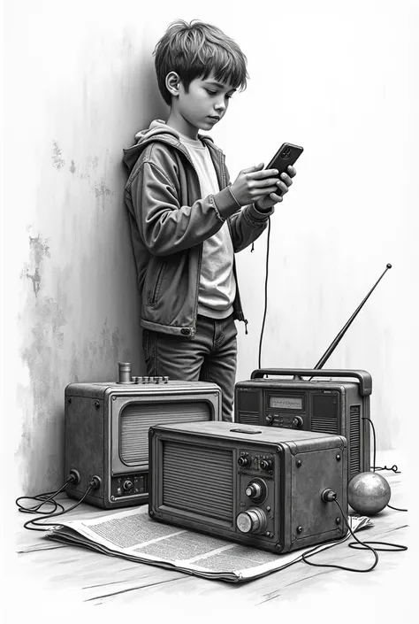 Make a social realism art in sketch of the one side is a young boy that use mobile phone and to the another side use old news paper 
and an old radio 