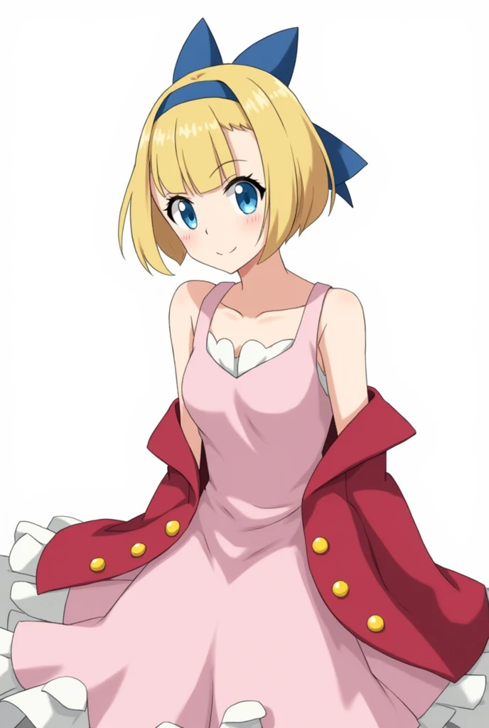 masterpiece, Best Quality, High resolution, Serena (Pokémon), short hair, blue eyes, 1 girl, Alone, blue ribbon, eyelashes, Neckband, sleeveless, hits, clavicle, bare arms, pink dress , Red coat, white bottom, Forehead, No landscape, looking at the viewer,...