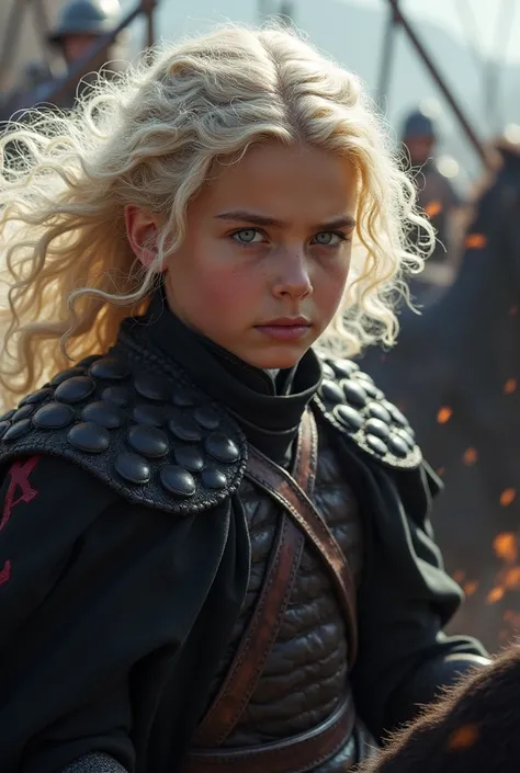 A young, tan-skinned Targaryen with curly platinum hair in battle against his rival kin, the greens. Wearing a battle outfit with a black cape with the red Targaryen symbol, with a close-up capturing the harmonious beauty riding her fierce purple dragon.