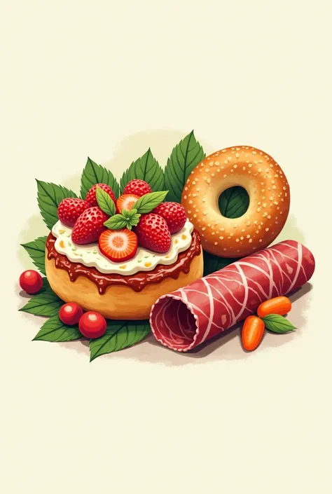 Create me a logo with three fancy snacks, round bread with stuff on top, bread roll that has a hole in the middle with a sauce, on top there is rolled pepperoni, strawberry, carrot