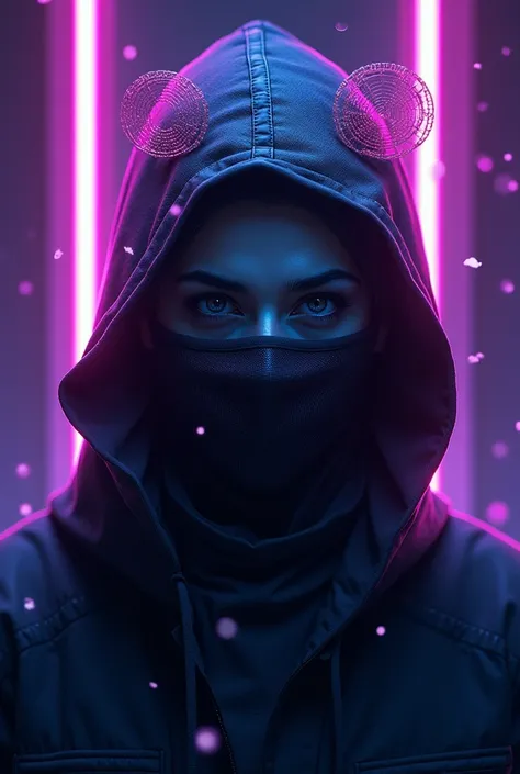 A dark background with flashes of purple and blue neon lights, creating a captivating contrast. In the center, un visage mi-humain mi-masque, with an intense and mysterious look. Geometric patterns or bright lines surround the face, adding a futuristic and...