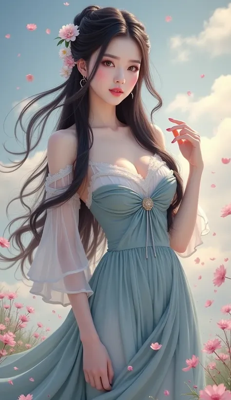 araffe asian woman fantasy with long hair wearing a red dress and a white top, a photorealistic painting inspired by Wang Yuanqi, trending on cg society, aestheticism, portrait of female korean idol, popular korean makeup, ulzzang