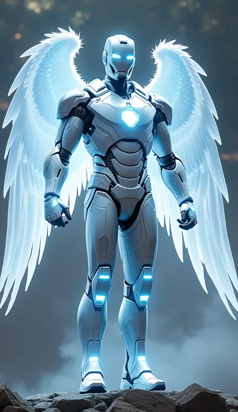 Iron Man reimagined as Tyrael stands majestically, his armor transformed into a celestial fusion of arcane technology and divine purpose. The suit, now a brilliant silver-white, glows with a soft, ethereal light that pulses gently with the power of the arc...