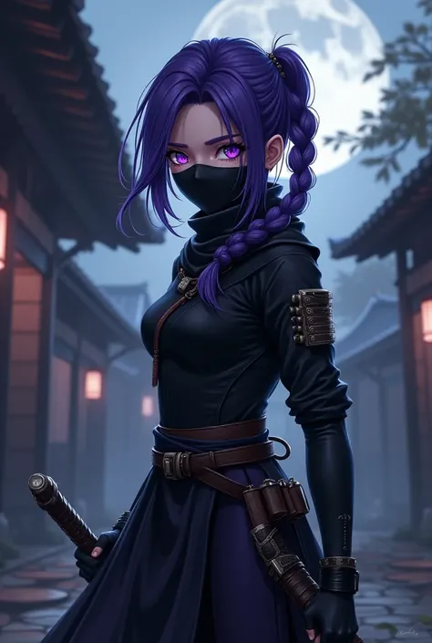 A young girl in ninja clothes. She has purple eyes and hair.. 