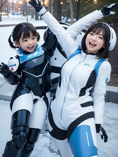 A Japanese female android parent and child playing in a winter park,Black Hair,Plump,A little thick,White and blue robot suit,Robotic arms and legs,Laugh with your mouth wide open,