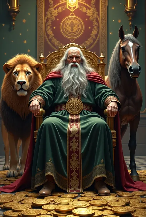 Create a wizard with a beard being the king of tarot coins. Ultra realistic with a lion and a horse behind 