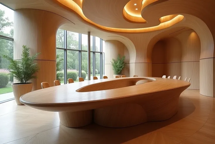 Design a conference room with an emphasis on organic shapes and natural materials. The table is a large, sculpted piece of polished wood that follows the curves of the room. The walls have a wave-like texture, and large windows provide a view of the exteri...