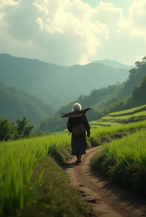 An white hair indonesian man carrying a flat burden, walking on the winding path of the gunung salak countryside, big clouds, blue sky, rice fields, neat rice seedlings in the field, forest, hillside, secluded, countryside, Realistic HD detail, hyper-detai...