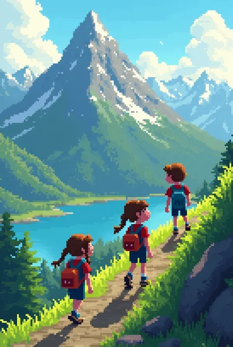 Pixart animation of a  with two braids walking carrying a backpack climbing a green mountain peak with a view of Swiss lakes and mountains ( pixart style) make 5 versions with different expressions 