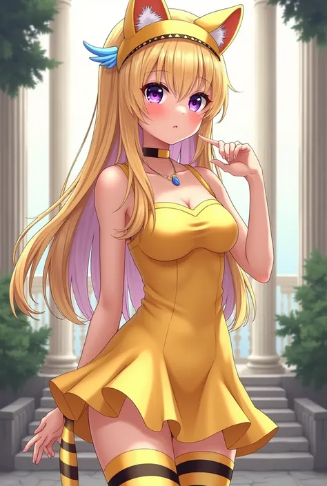 Create a gorgeous blonde anime girl with dark violet eyes, Yellow tights with black stripes and yellow kitty ears and small light blue wings, yy Kawaii and sexy yellow dress,Catbee Anime Poppy playtime, Black Athens on the head,Yellow Kitten Tail with Blac...